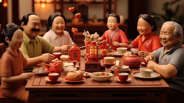 3d personas disfrutando de la cena de reunión durante la celebración del año nuevo chino