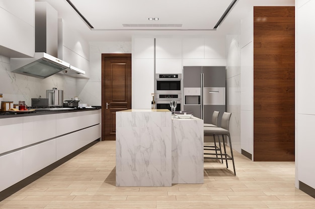 3d que rinde la cocina mínima blanca con la decoración de madera