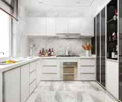 Foto gratuita 3d que rinde la cocina mínima blanca con la decoración de madera