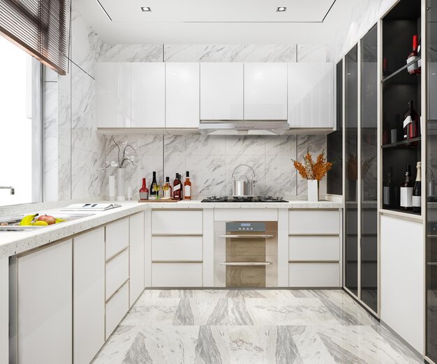 3d que rinde la cocina mínima blanca con la decoración de madera