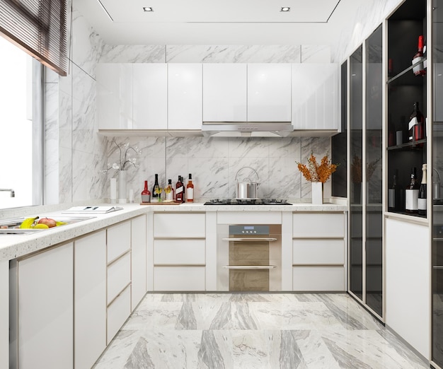 3d que rinde la cocina mínima blanca con la decoración de madera