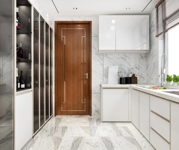 3d que rinde la cocina mínima blanca con la decoración de madera