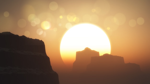 3d render de acantilados y montañas al atardecer