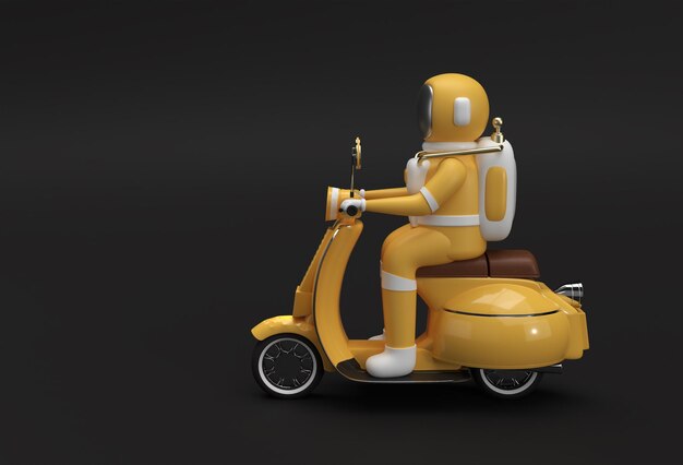 3D Render Astronaut Riding Motor Scooter Vista lateral sobre un fondo negro