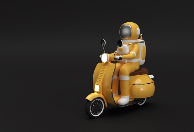 3D render astronauta montando moto scooter vista lateral sobre un fondo negro.