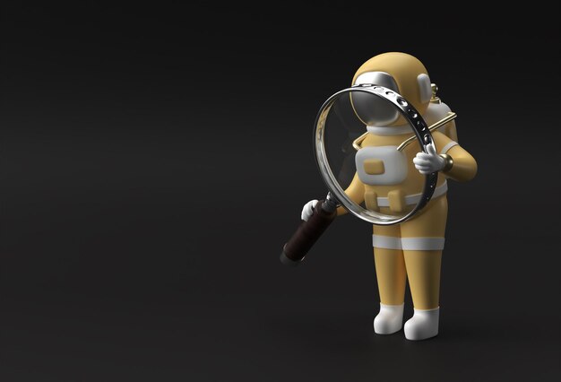 3D Render astronauta sosteniendo lupa sobre un fondo negro
