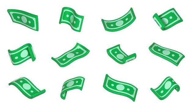 3d render billetes voladores conjunto de dinero aislado