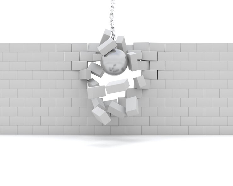 Foto gratuito 3d render de una bola de demolición destruyendo un muro