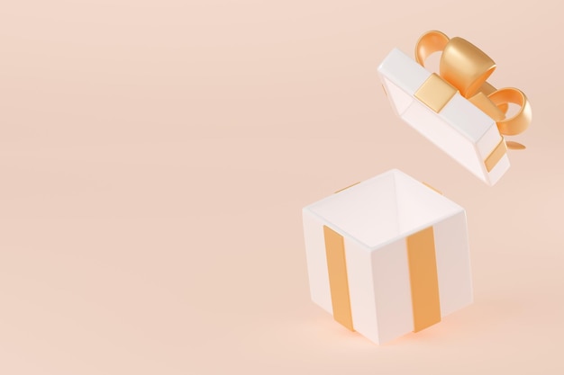 3D render caja de regalo abierta con cinta dorada brillante