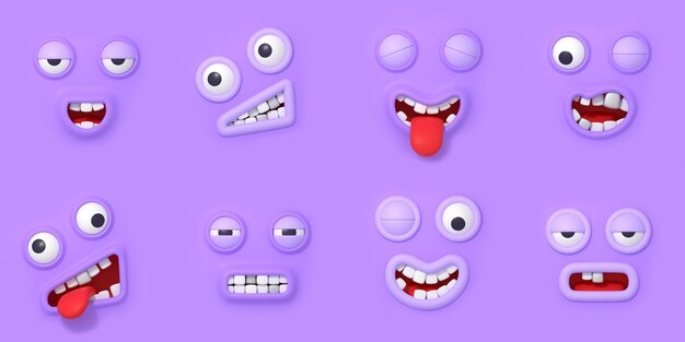 3d render cara emoji ojos y boca conjunto aislado