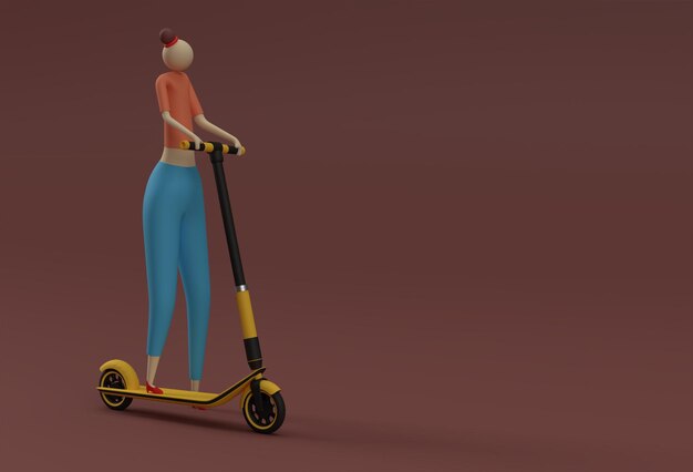 3D Render Cartoon Woman Riding a Push Scooter Ilustración de diseño de arte 3D.