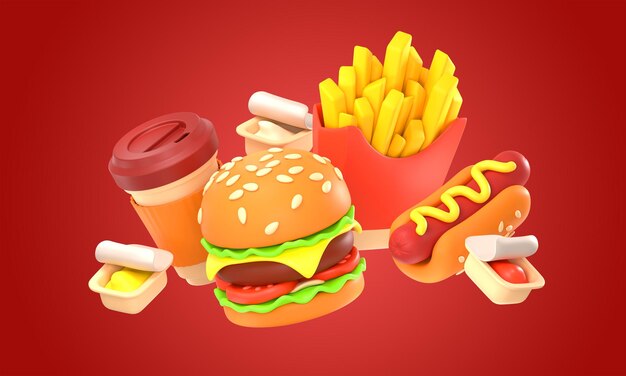 3d render comida rápida hamburguesa papas fritas café