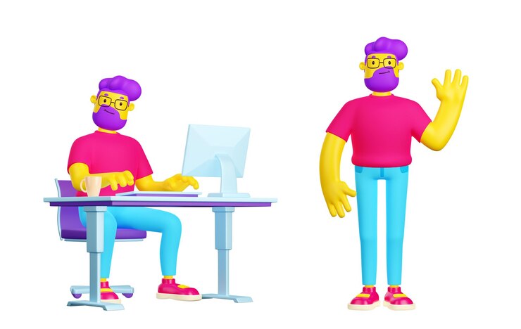 Foto gratuito 3d render conjunto de joven trabajando agitando la mano