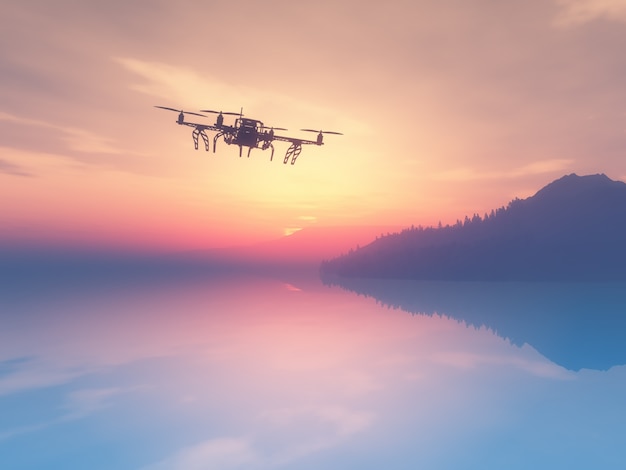 3d render de un drone volando sobre un océano en puesta de sol