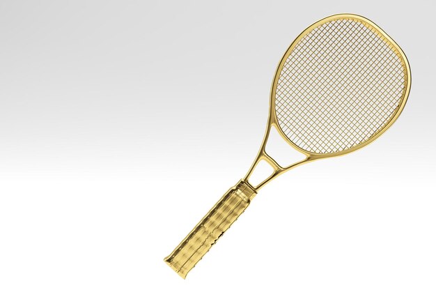 3D Render equipo deportivo raqueta de tenis con una pelota sobre fondo blanco.