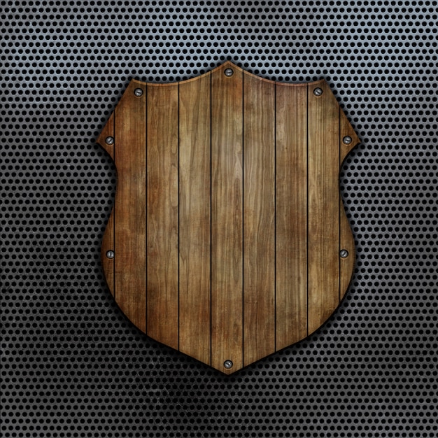 Foto gratuita 3d render de un escudo de madera sobre un fondo de metal perforado