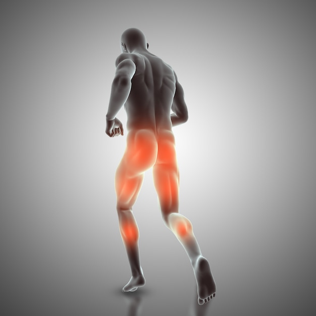 Foto gratuita 3d render de una figura masculina corriendo mostrando los músculos traseros utilizados