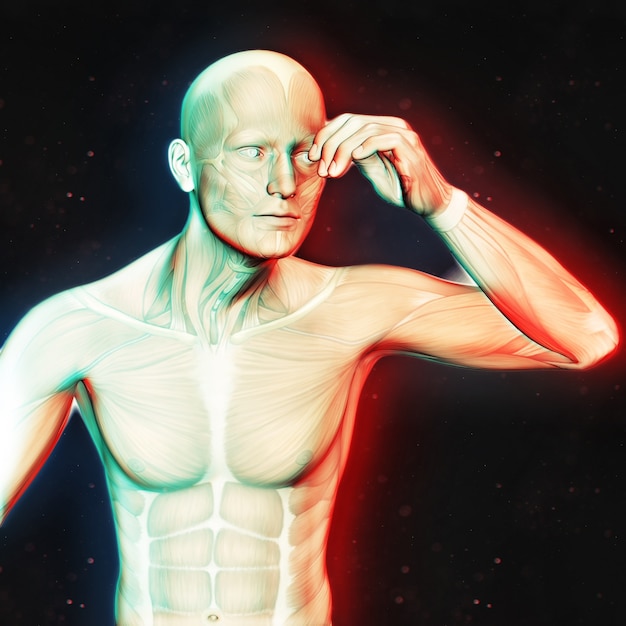 3d render de una figura masculina sosteniendo la cabeza en dolor