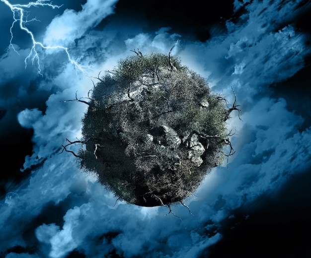 3d render de un globo con árboles muertos y arbustos en un cielo tempestuoso con relámpagos