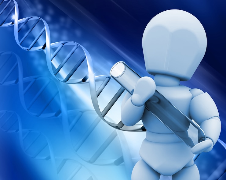 Foto gratuito 3d render de un hombre sosteniendo un tubo de ensayo sobre un fondo de adn