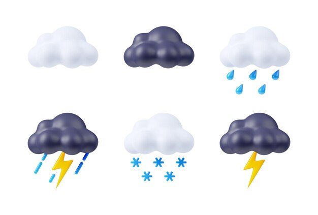 3d render iconos meteorológicos nubes blancas y negras