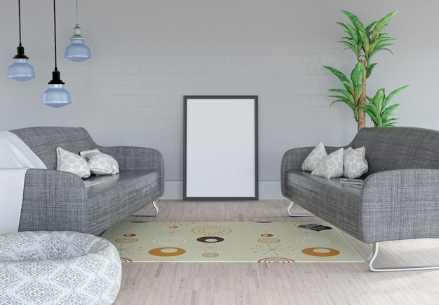 3d render de una imagen en blanco apoyándose contra una pared en un interior de habitación