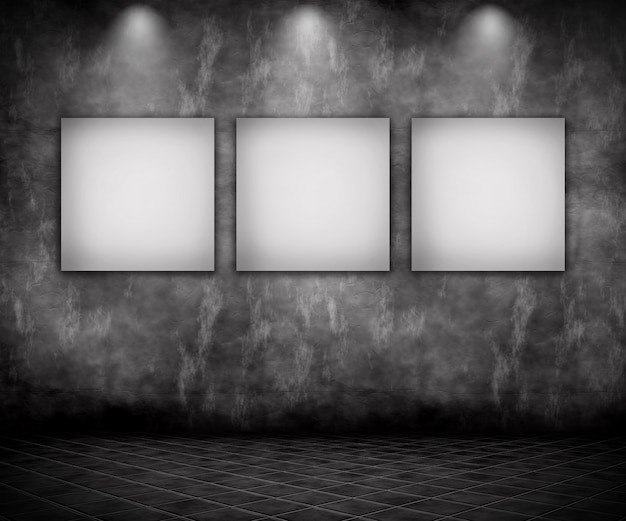 Foto gratuita 3d render de un interior grunge con imágenes en blanco bajo focos