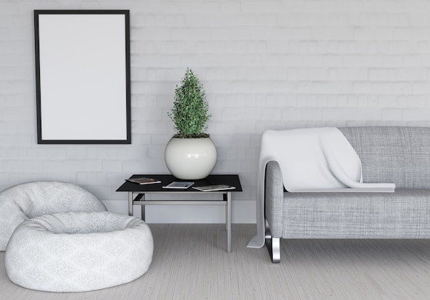 Foto gratuita 3d render de un interior moderno con marco de cuadro en blanco