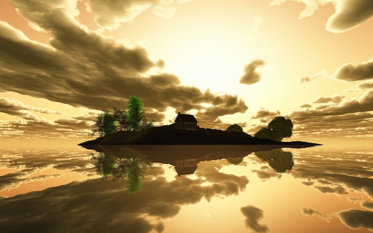 Foto gratuito 3d render isla tranquila al atardecer