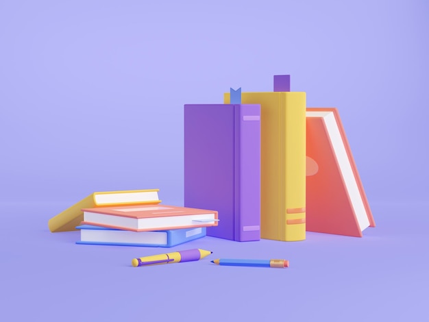 3d render libros pila de libros de texto lápiz y pluma