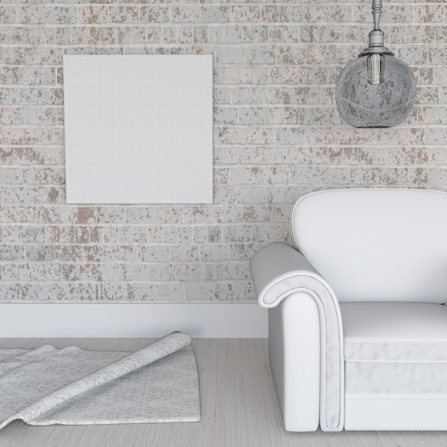 Foto gratuita 3d render de un lienzo en blanco en pared de ladrillo en interior de habitación