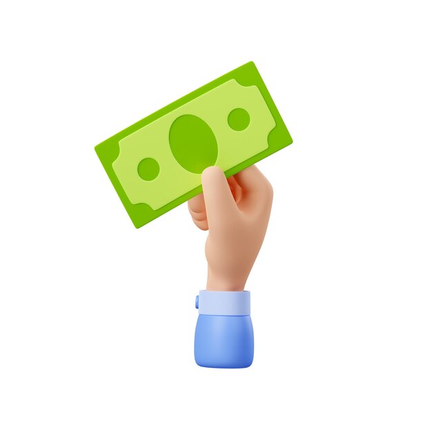 3d render mano con billete de dinero o billete de dólar