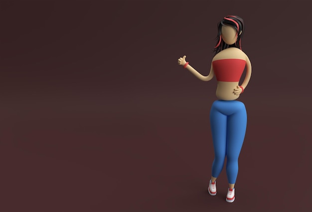 3D render mano de mujer de dibujos animados con gesto de pulgares pidiendo ascensor.