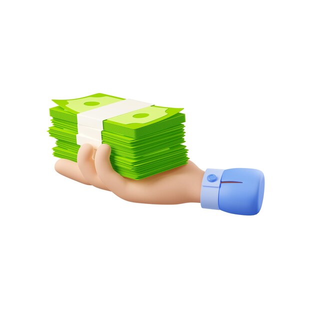 3D Render mano sosteniendo billetes de dólar de dinero