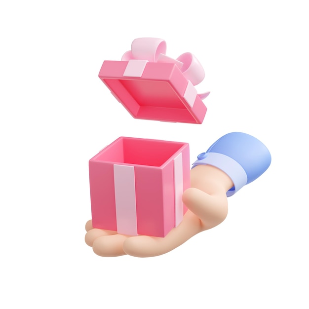 3d render mano sosteniendo caja de regalo abierta con cinta