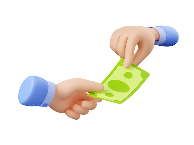 3D Render manos dando y tomando papel moneda