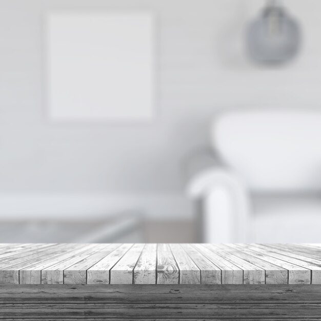 3d render de una mesa de madera blanca mirando hacia fuera a un interior borroso de habitación