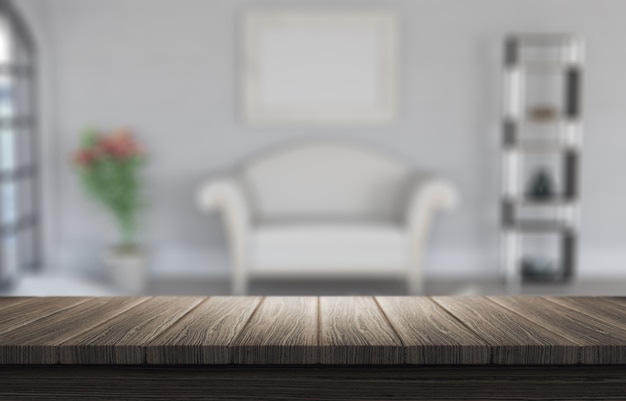 3d render de una mesa de madera mirando a un interior borroso de habitación