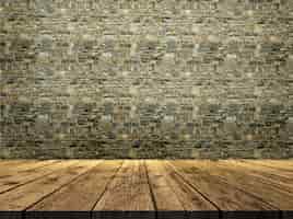Foto gratuita 3d render de una mesa de madera mirando a una textura de pared de piedra