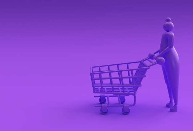 3D Render Mujer con diseño de ilustración de icono de carrito de compras.