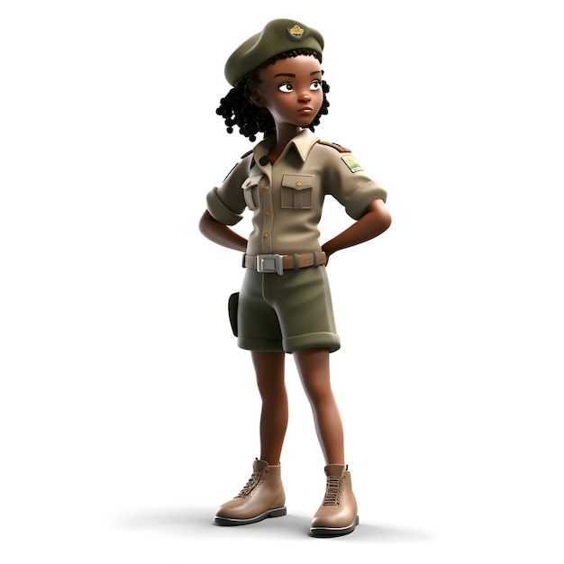 Foto gratuita 3d render de una niña afroamericana con uniforme militar