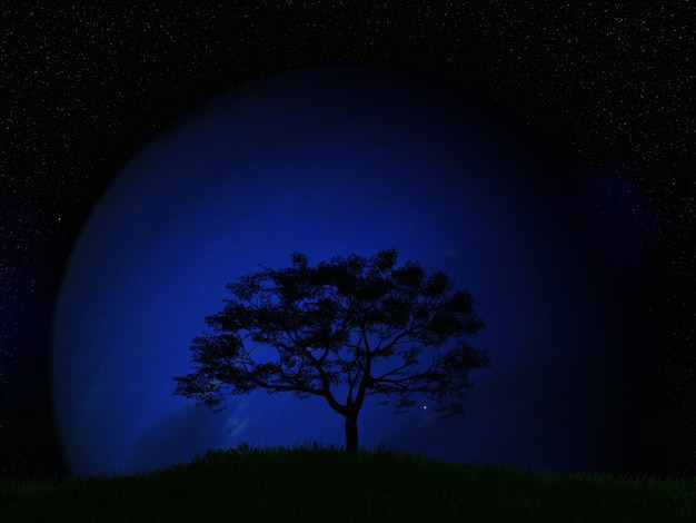 3d render de un paisaje con árbol contra un planeta de ficción en un cielo nocturno