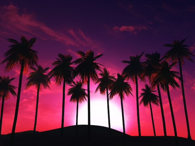 Foto gratuita 3d render de un paisaje de palmeras contra un cielo de atardecer