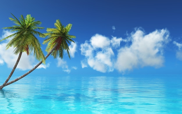 3d render de un paisaje tropical con palmeras y mar azul