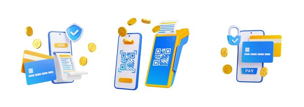 3d render pos terminal papel cheque factura y tarjetas
