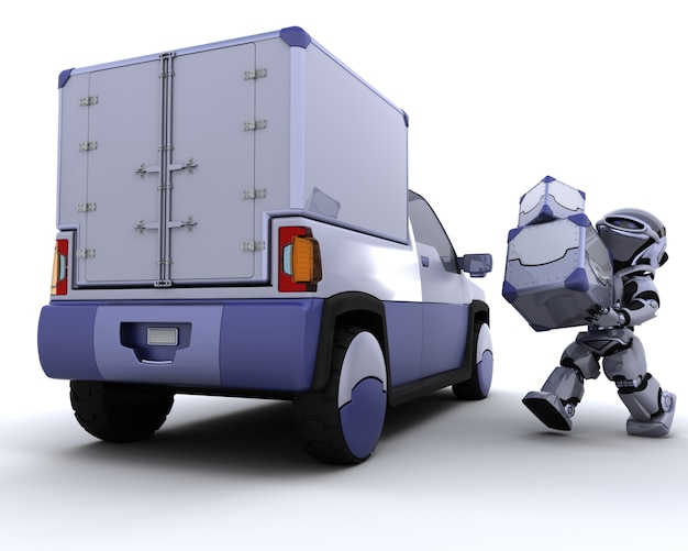 3d render de robot cargando cajas en una furgoneta