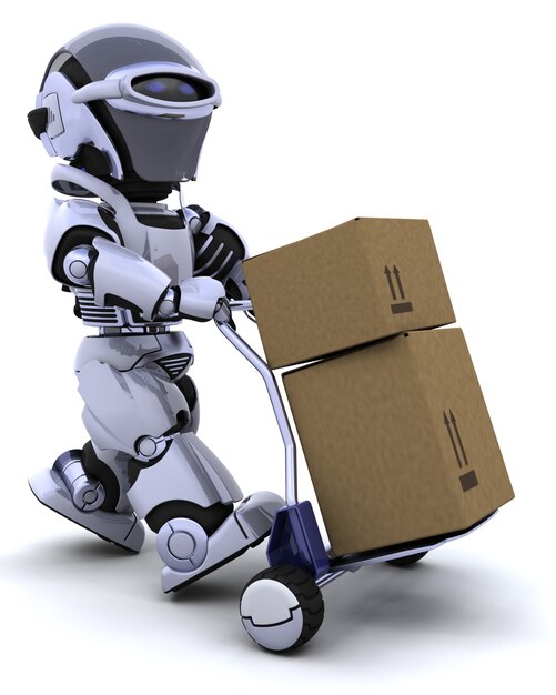 3d render de un robot moviendo cajas