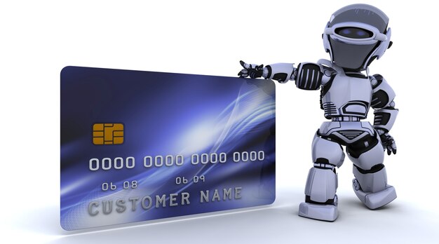 3d render de un robot y tarjeta de credito