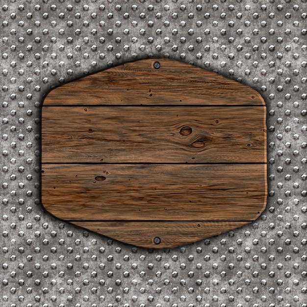 3d render de un signo de madera grunge en un fondo de metal