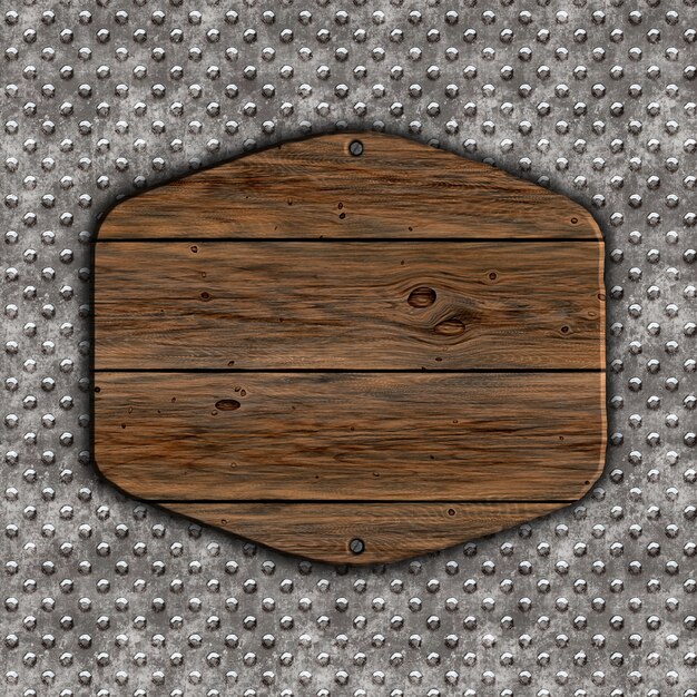 3d render de un signo de madera grunge en un fondo de metal